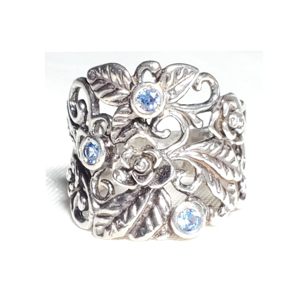 Vtg DIDAE Floral Blue Topaz Sz 7.75 Shablool Israel 925 Sterling Silver - Picture 4 of 10